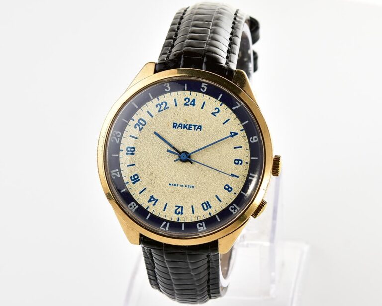 Vintage mechanical gold-plated Raketa watch with 24 hours dial