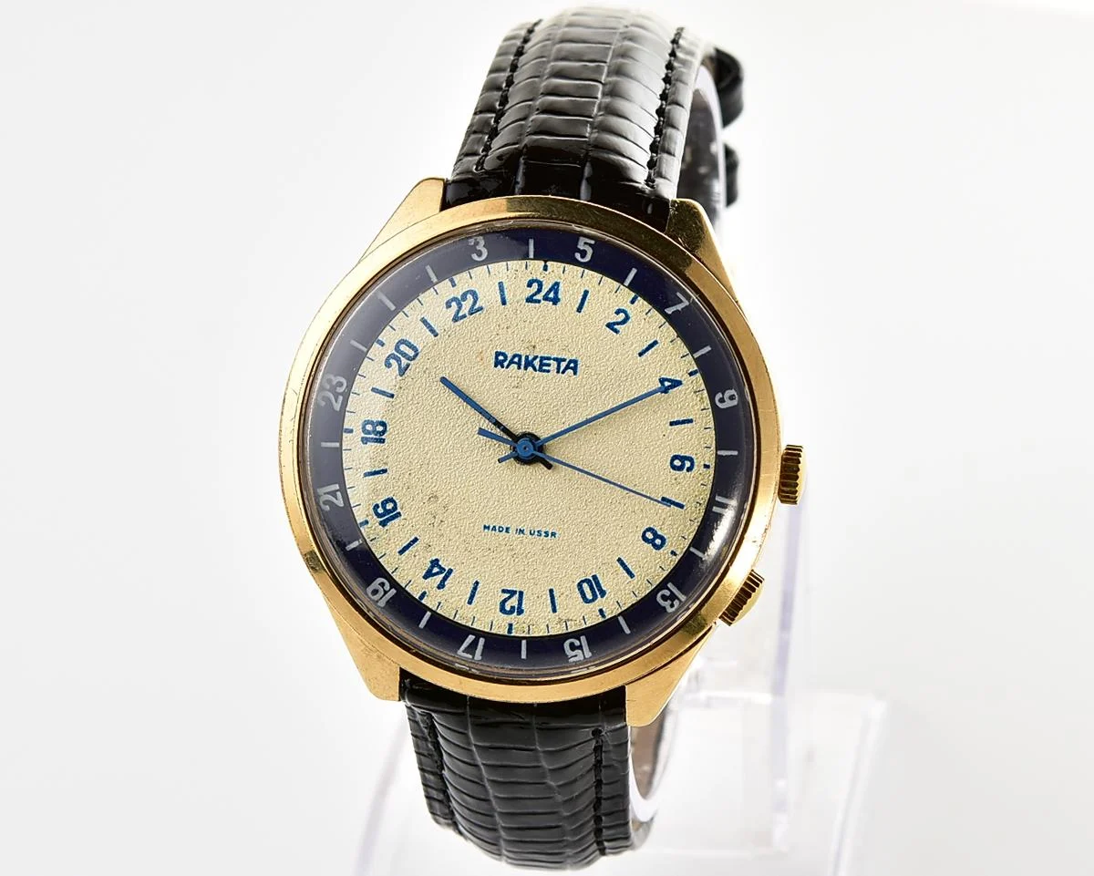 Vintage mechanical gold-plated Raketa watch with 24 hours dial