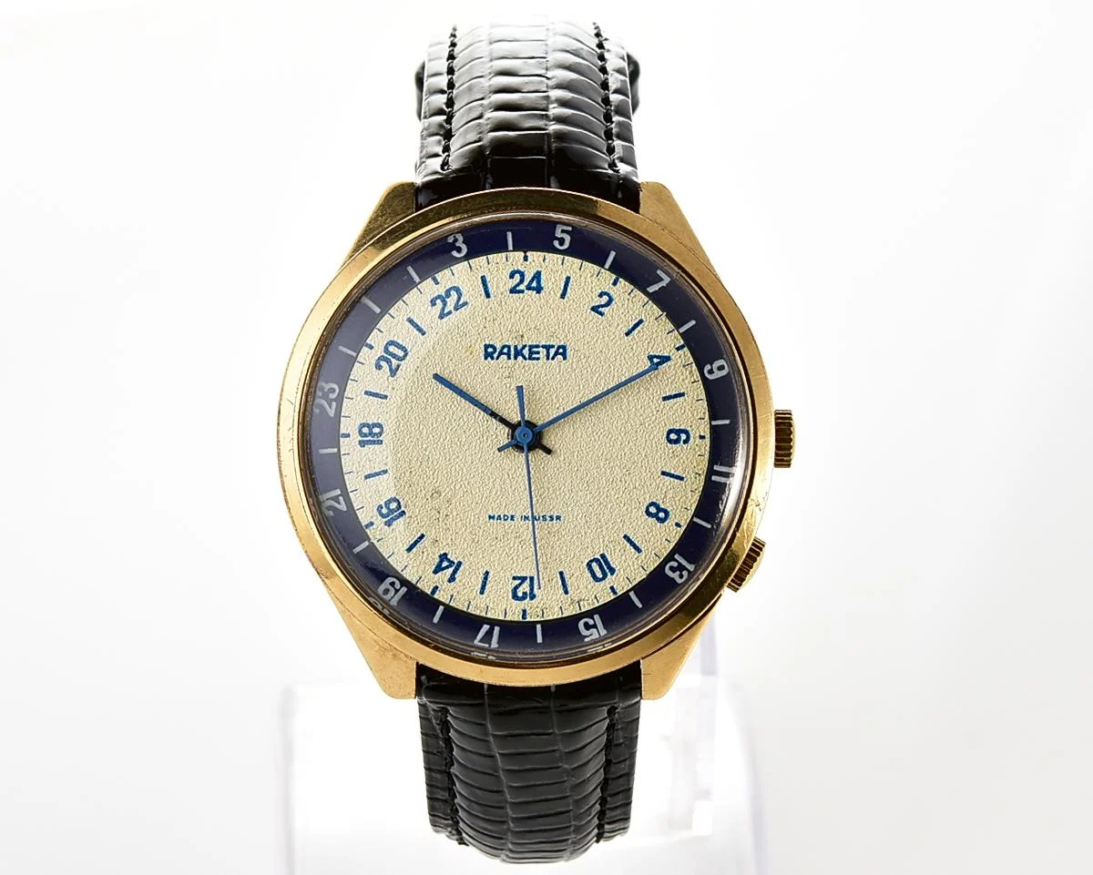 Vintage mechanical gold-plated Raketa watch with 24 hours dial