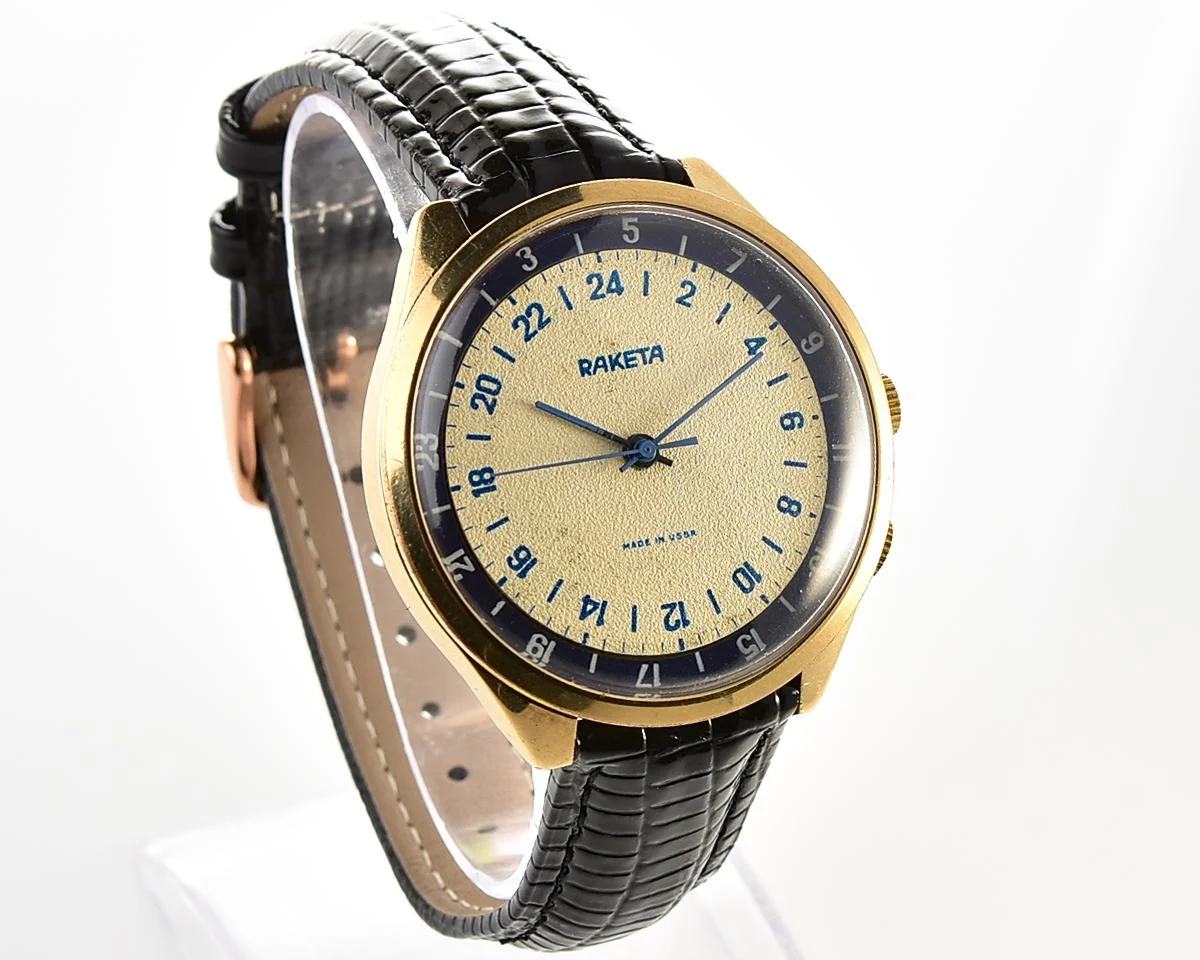 Vintage mechanical gold-plated Raketa watch with 24 hours dial