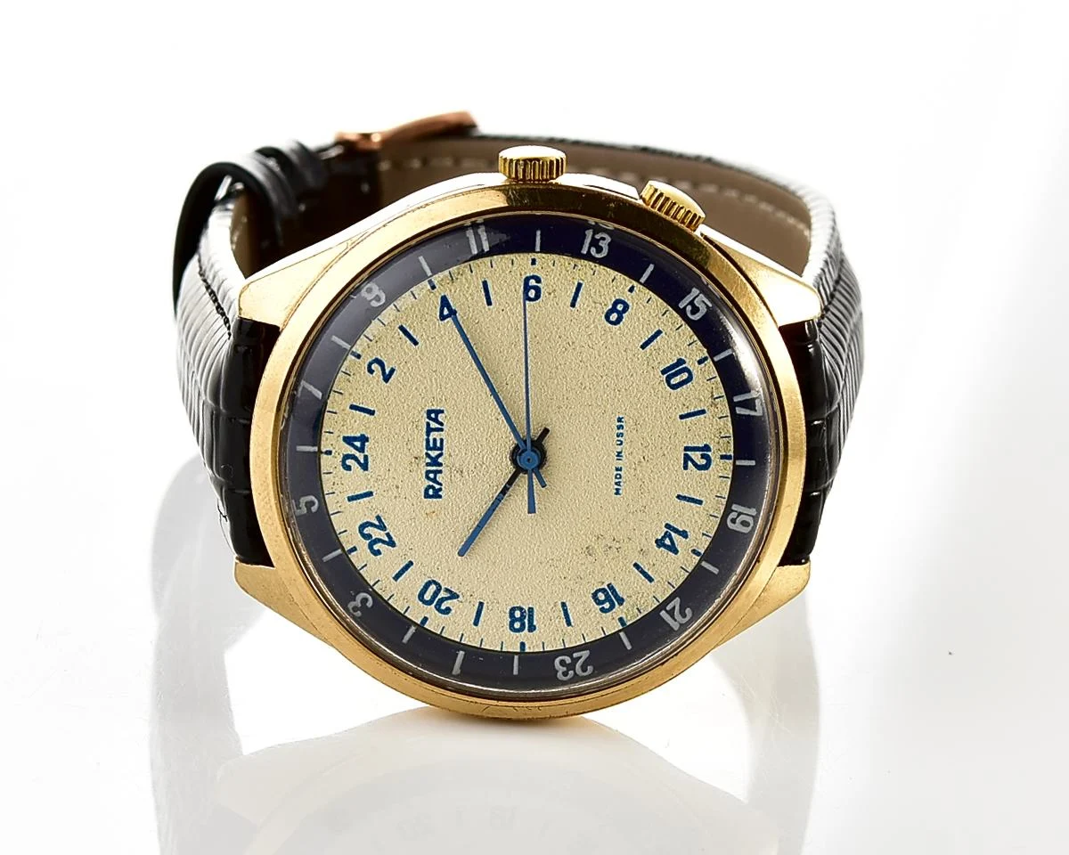 Vintage mechanical gold-plated Raketa watch with 24 hours dial