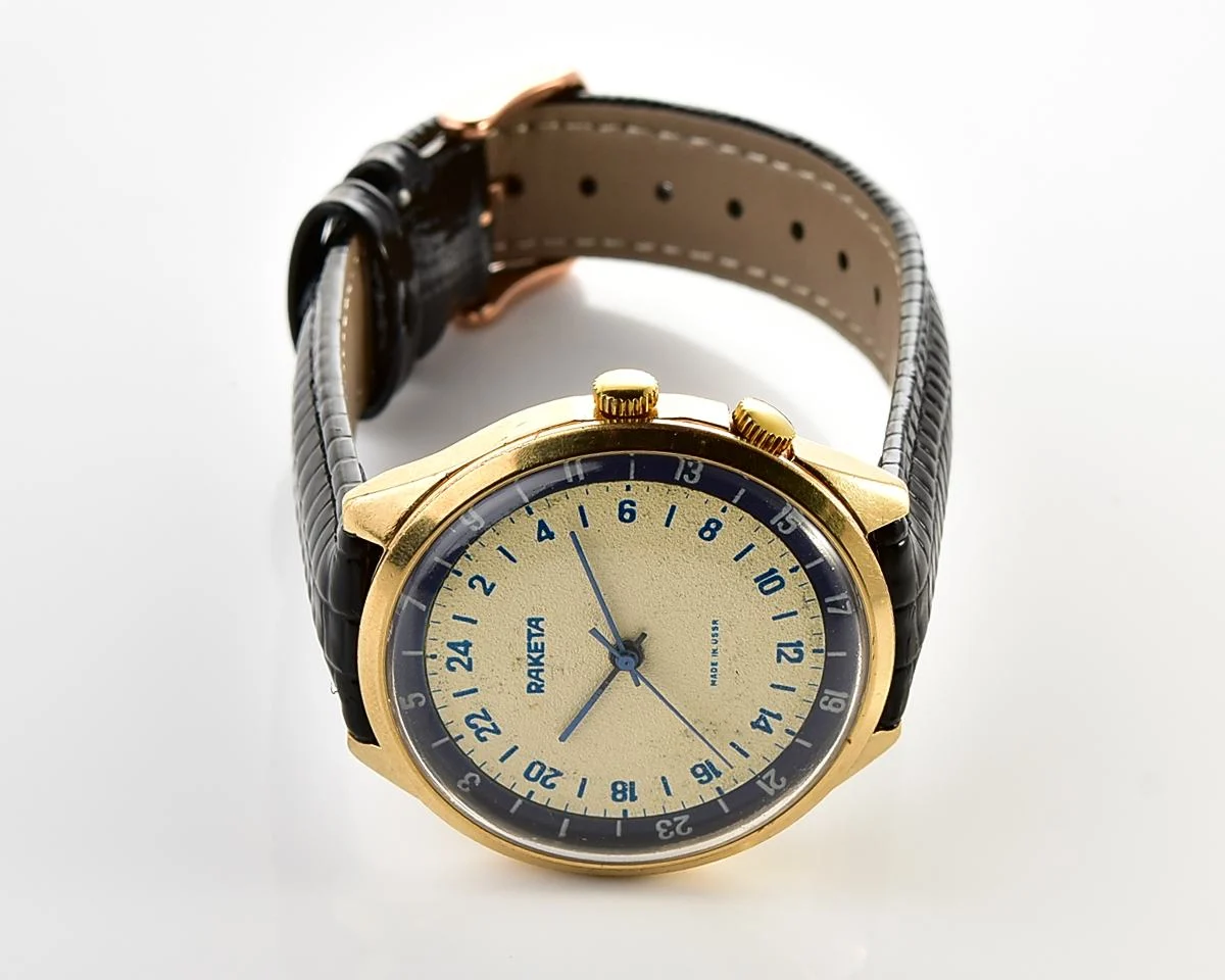 Vintage mechanical gold-plated Raketa watch with 24 hours dial