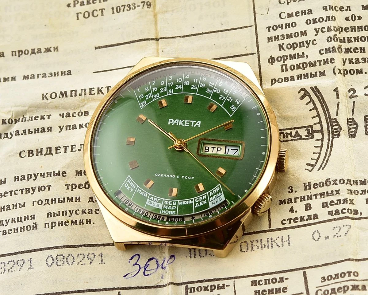 TIME CAPSULE: Vintage Soviet Raketa gold-plated perpetual calendar watch – New Old Stock (NOS)!