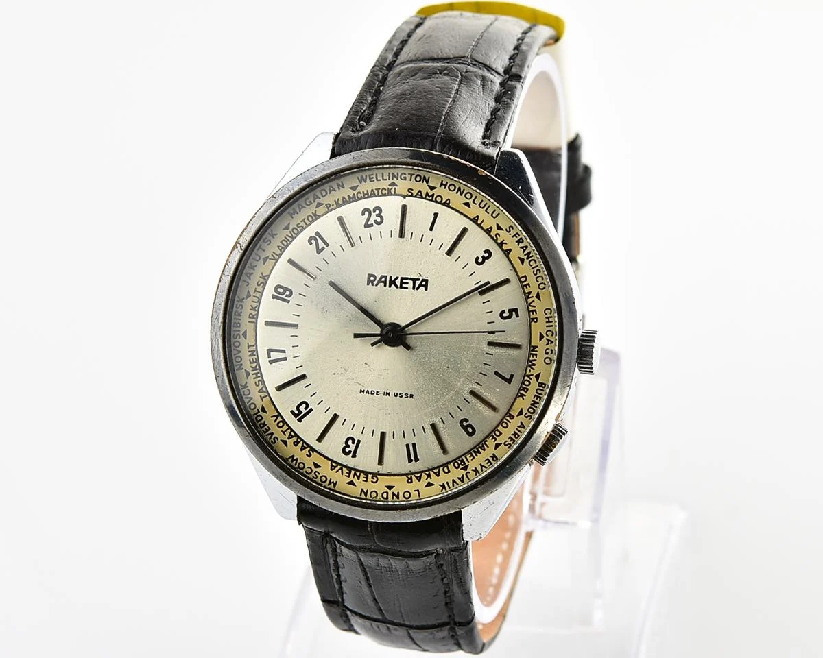 Soviet Raketa World Traveler (Goroda) mechanical watch with 24 hours 2623.H mechanical movement - export version!