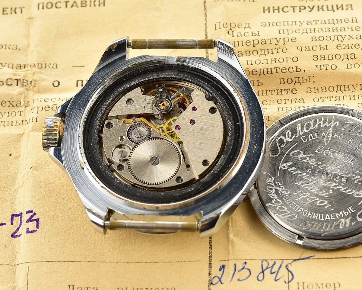 Soviet Vostok Komandirskie limited series watch – “Zakaz MO CCCP” with box and passport, engraved "from the veteran's counsel"