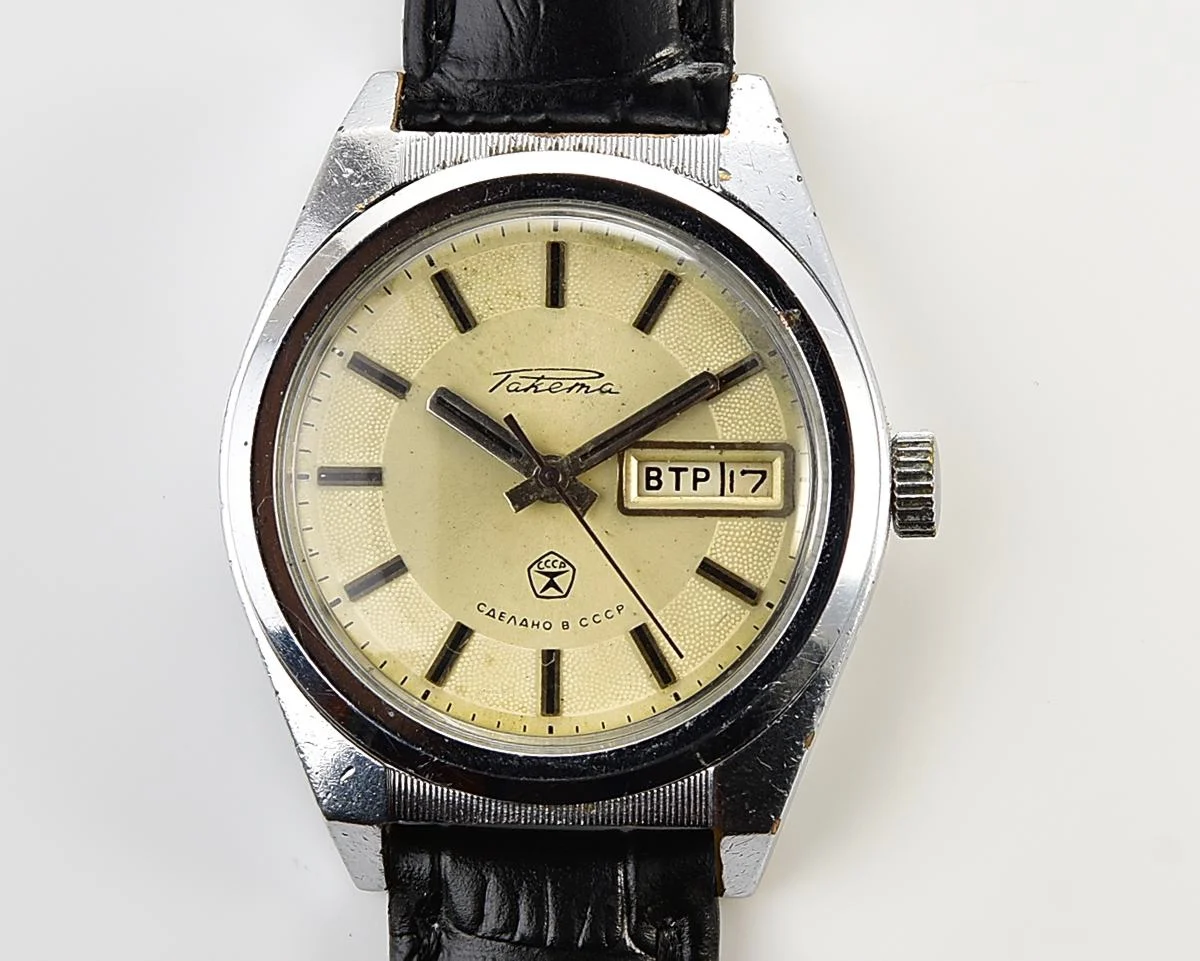 Raketa vintage mechanical wrist watch with double calendar