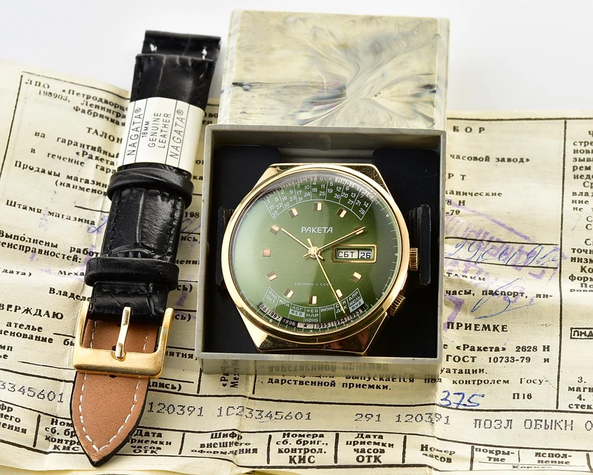 TIME CAPSULE: Vintage Soviet Raketa gold-plated perpetual calendar watch – New Old Stock (NOS)!