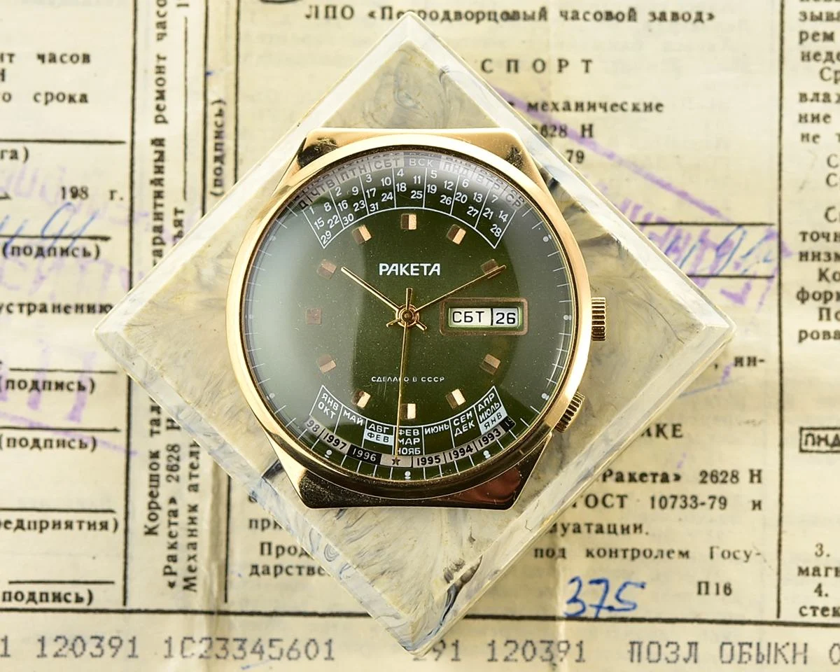 TIME CAPSULE: Vintage Soviet Raketa gold-plated perpetual calendar watch – New Old Stock (NOS)!