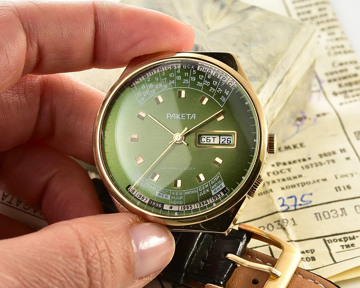 TIME CAPSULE: Vintage Soviet Raketa gold-plated perpetual calendar watch – New Old Stock (NOS)!
