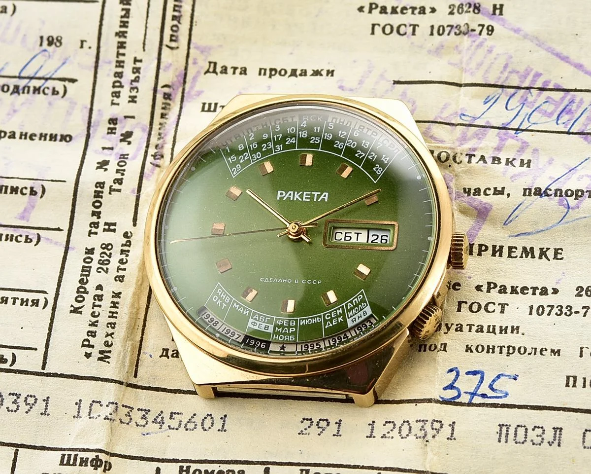 TIME CAPSULE: Vintage Soviet Raketa gold-plated perpetual calendar watch – New Old Stock (NOS)!
