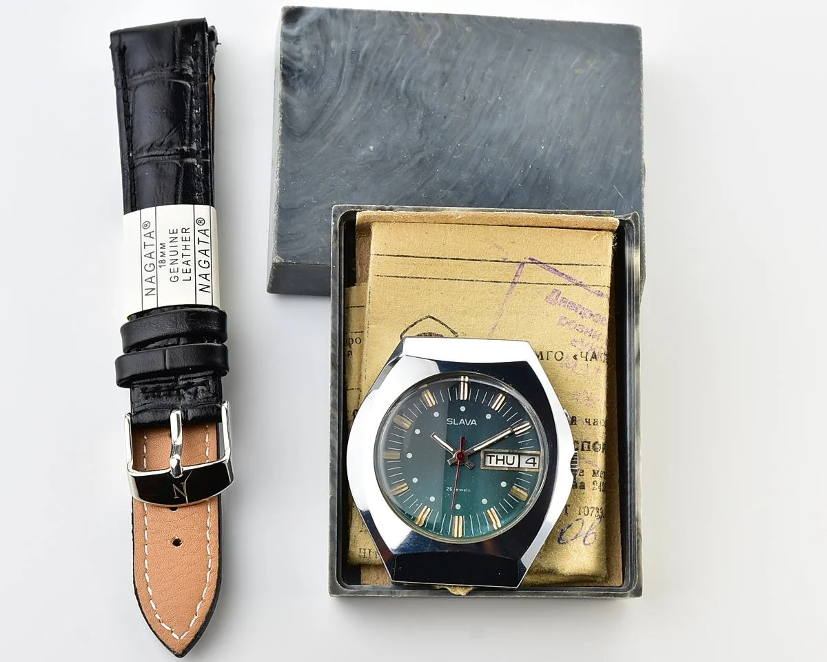 Time Capsule: Slava Soviet mechanical vintage watch with teal dial - New Old Stock (NOS)!