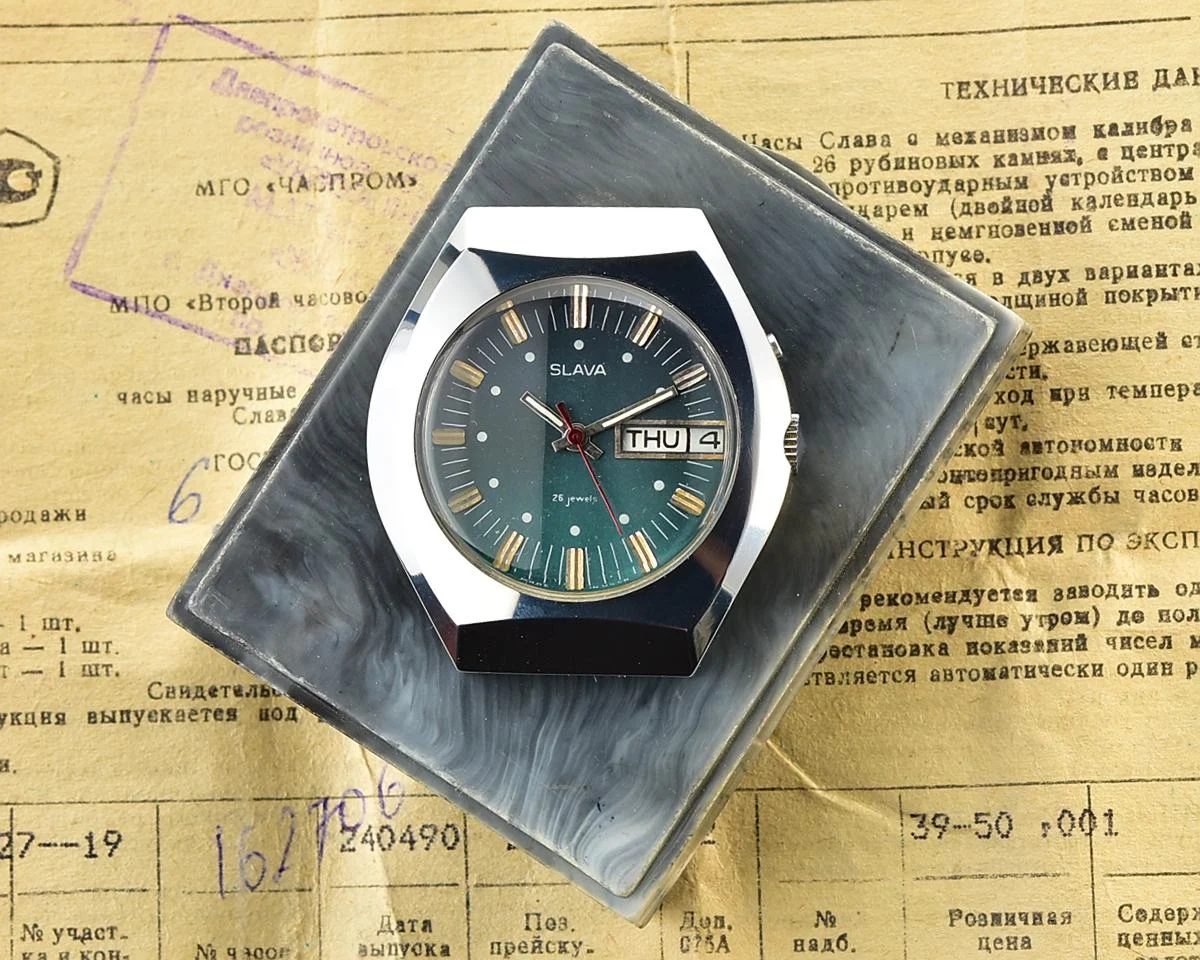 Time Capsule: Slava Soviet mechanical vintage watch with teal dial - New Old Stock (NOS)!