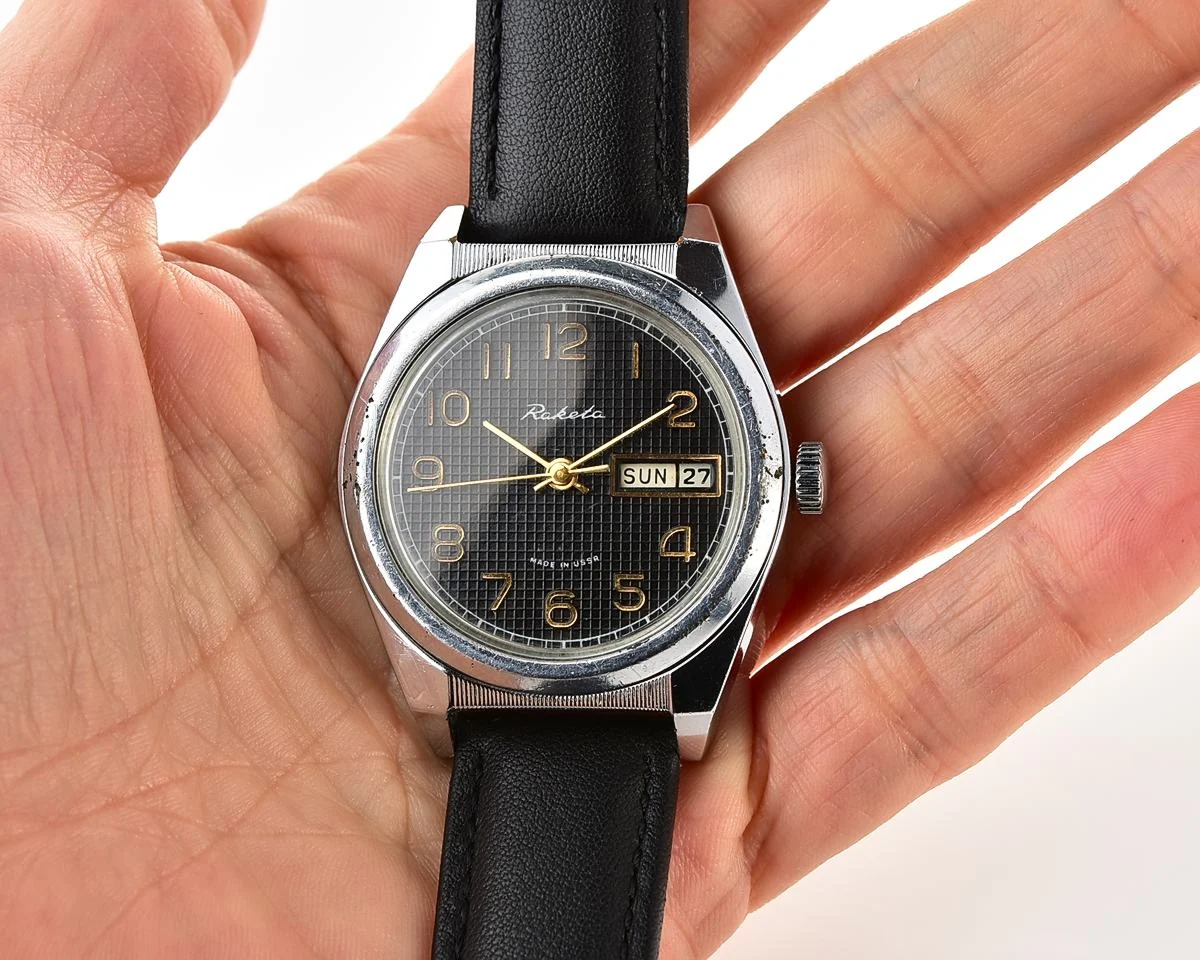 Raketa vintage mechanical wrist watch with double calendar