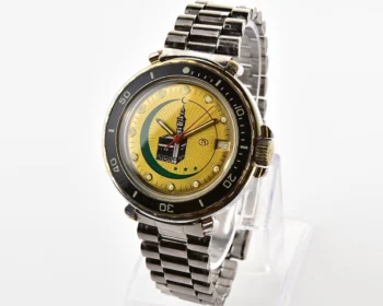 Soviet Komandirskie vintage mechanical wristwatch with Kaaba & minaret on it's gold-toned sunburst dial