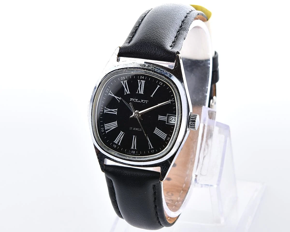 Vintage Soviet Poljot 17 jewels mechanical watch with black Roman numeral dial & date