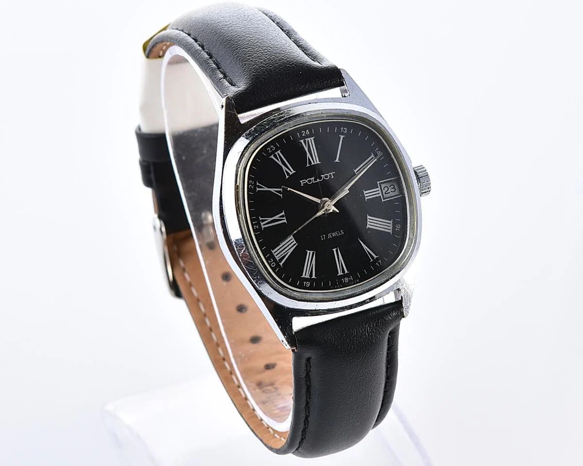Vintage Soviet Poljot 17 jewels mechanical watch with black Roman numeral dial & date - Image 3