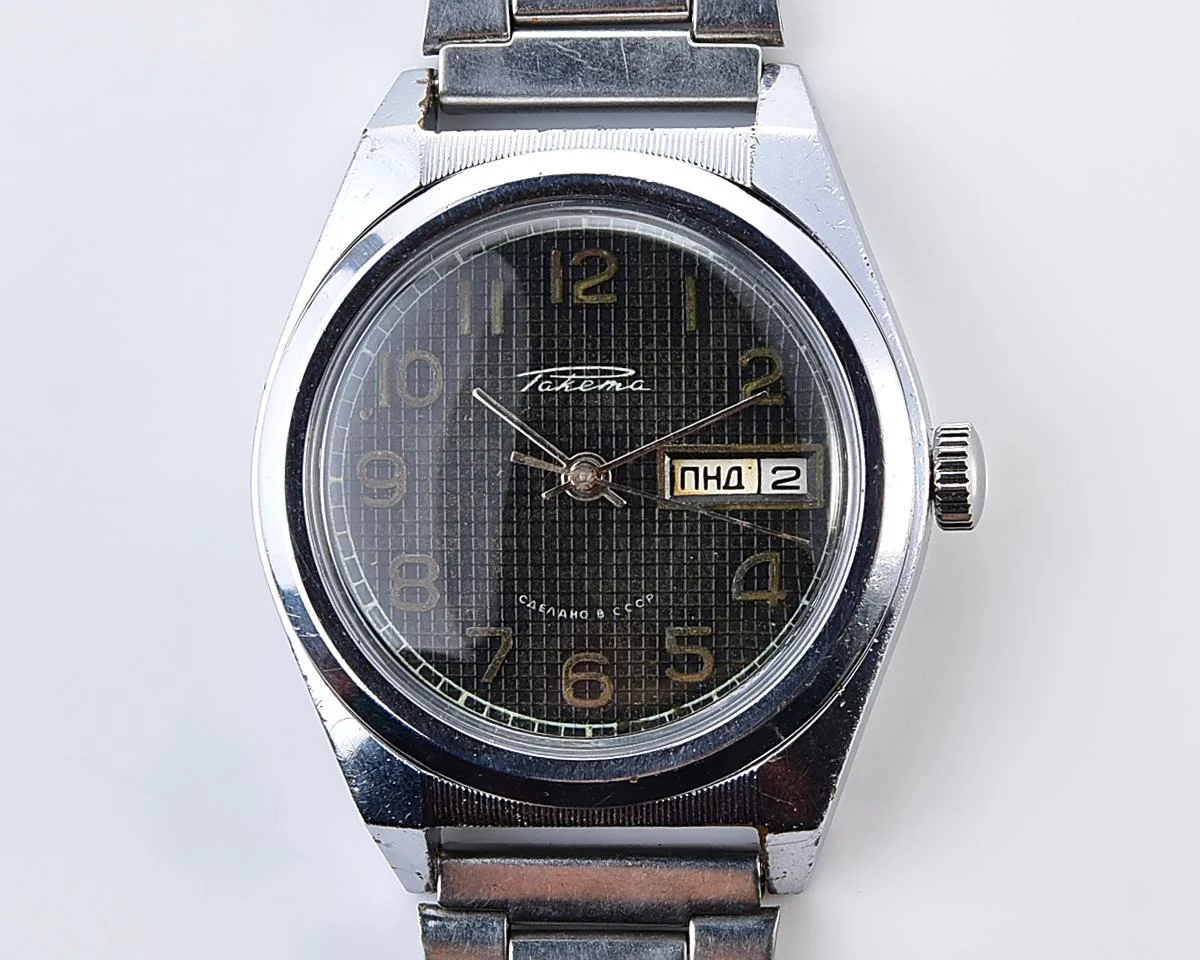 Raketa vintage mechanical wrist watch with double calendar