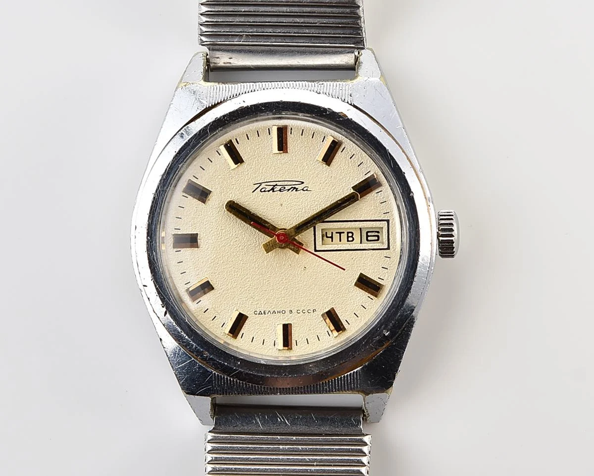 Raketa vintage mechanical wrist watch with double calendar