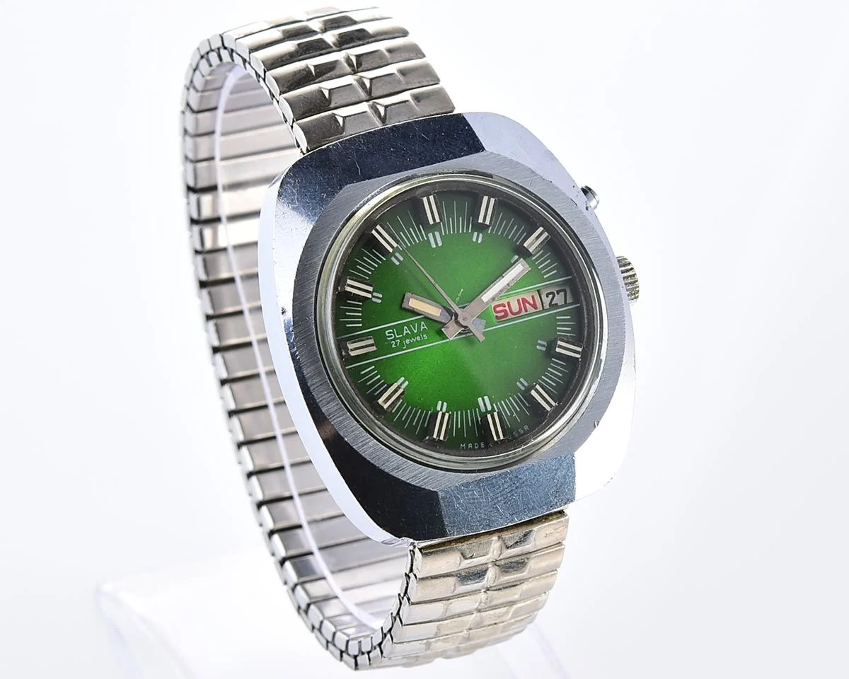 Slava vintage Soviet mechanical watch with automatic self-winding movement