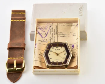 Excellent hexagonal Slava Soviet gold-plated mechanical vintage watch with box and passport!