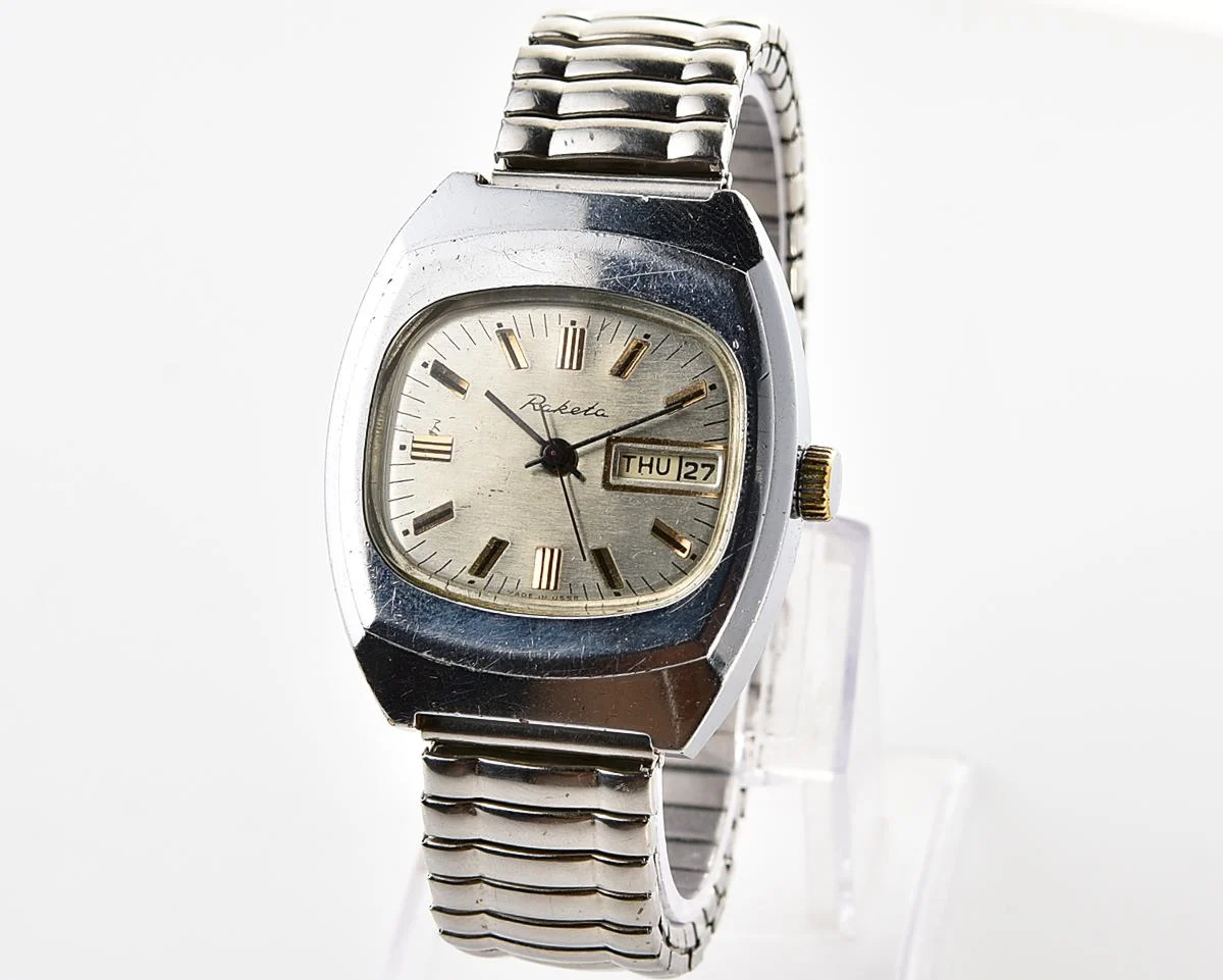 Raketa vintage Soviet mechanical wristwatch with double calendar