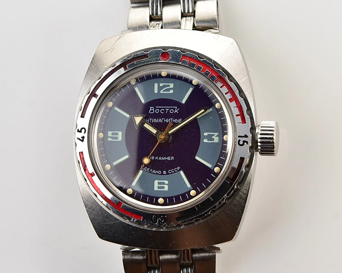 Soviet Vostok Amphibia watch, stainless steel tonneau case