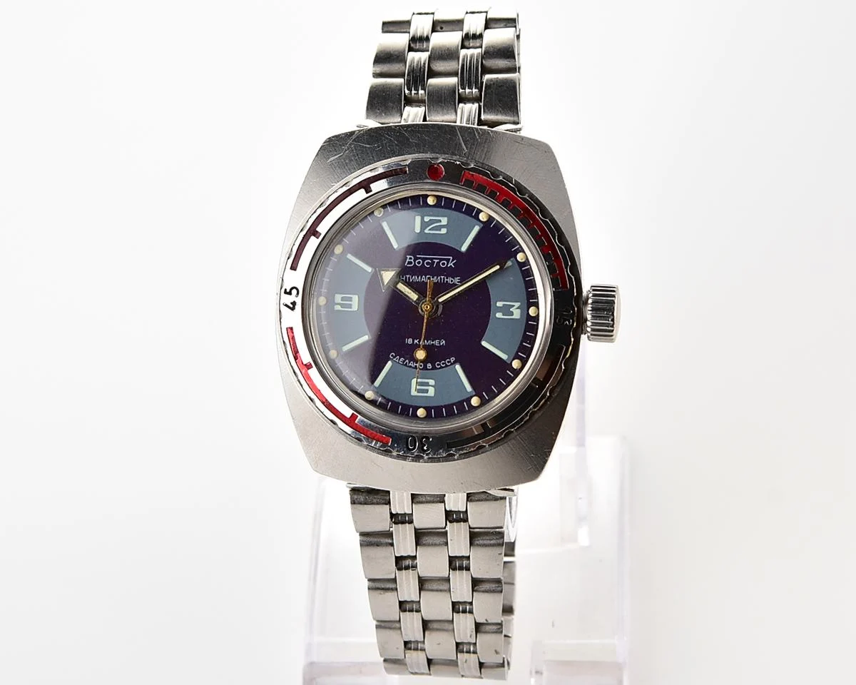 Soviet Vostok Amphibia watch, stainless steel tonneau case