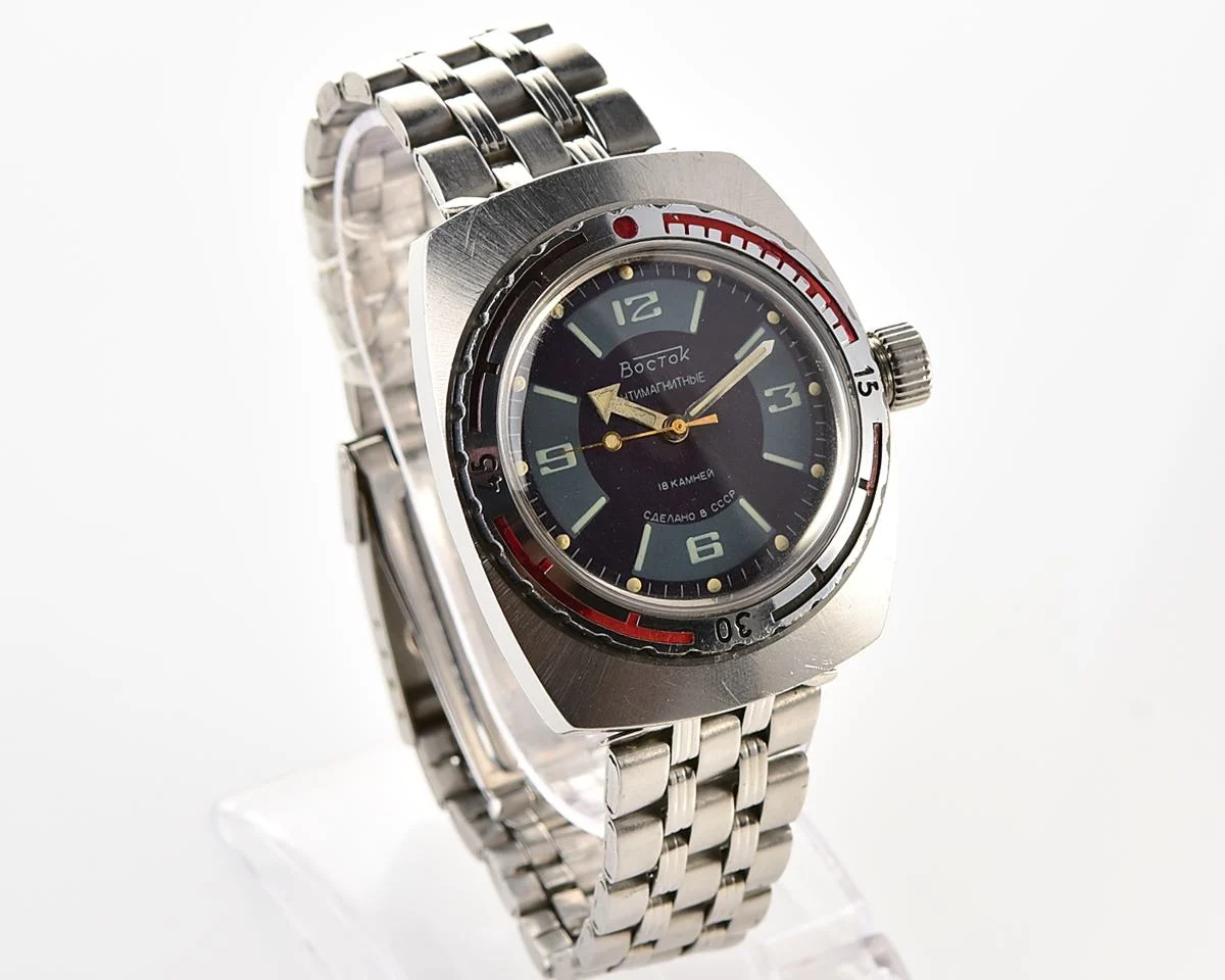 Soviet Vostok Amphibia watch, stainless steel tonneau case