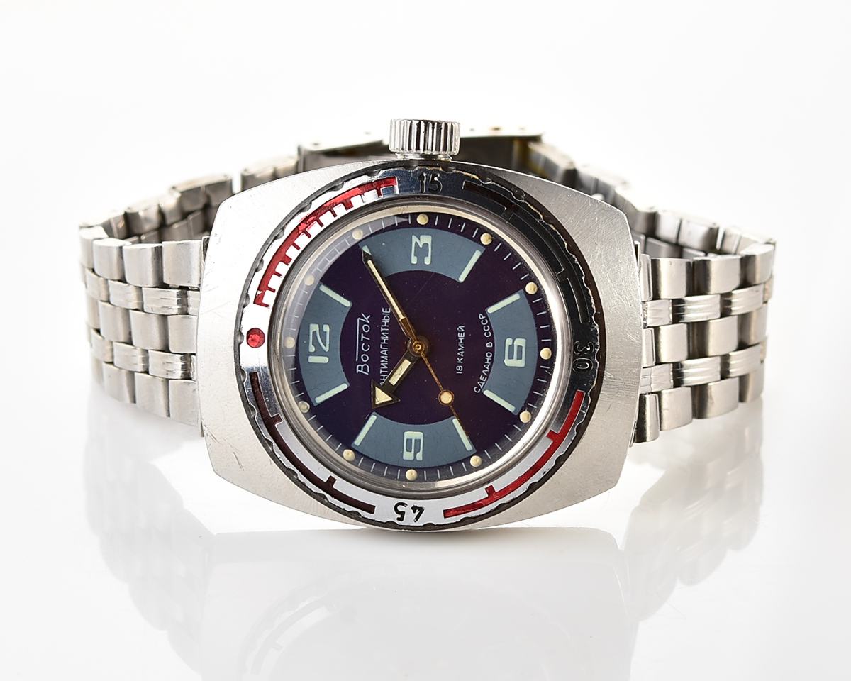 Soviet Vostok Amphibia watch, stainless steel tonneau case