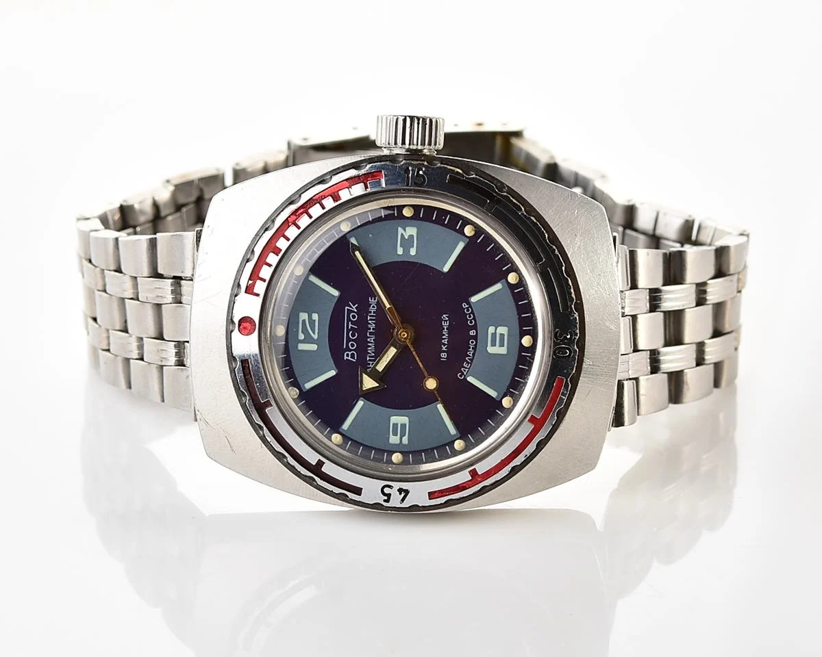 Soviet Vostok Amphibia watch, stainless steel tonneau case