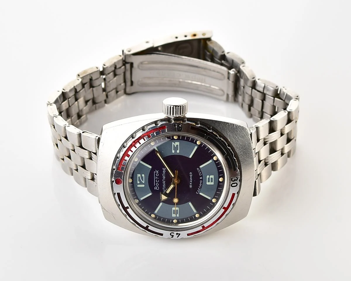 Soviet Vostok Amphibia watch, stainless steel tonneau case