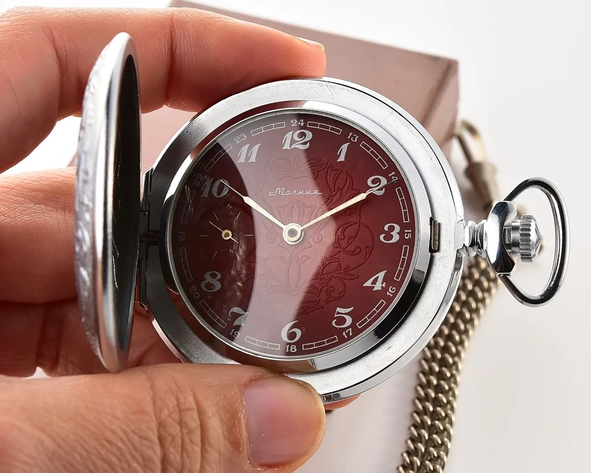 Excellent vintage Soviet Molnija pocket watch with box and chain