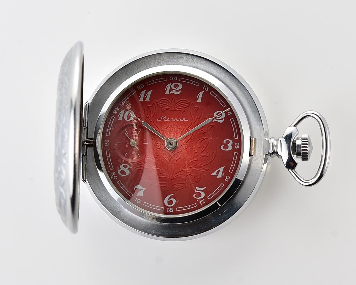 Excellent vintage soviet Molnija pocket watch with box and chain