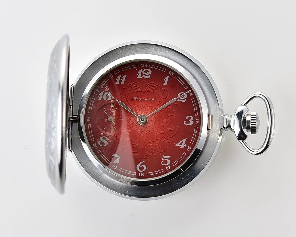 Excellent vintage Soviet Molnija pocket watch with box and chain