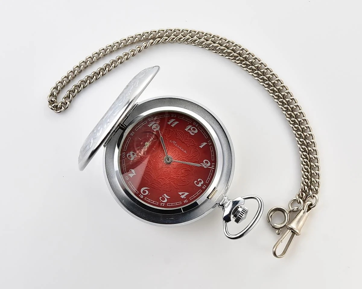 Excellent vintage Soviet Molnija pocket watch with box and chain