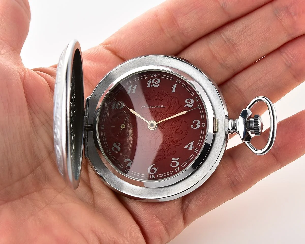 Excellent vintage Soviet Molnija pocket watch with box and chain