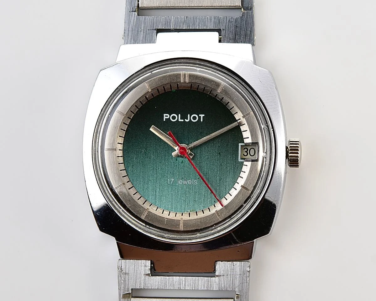 Soviet Poljot mechanical wristwatch with "space-age" retro-minimalistic duo-tone dial from 1970s