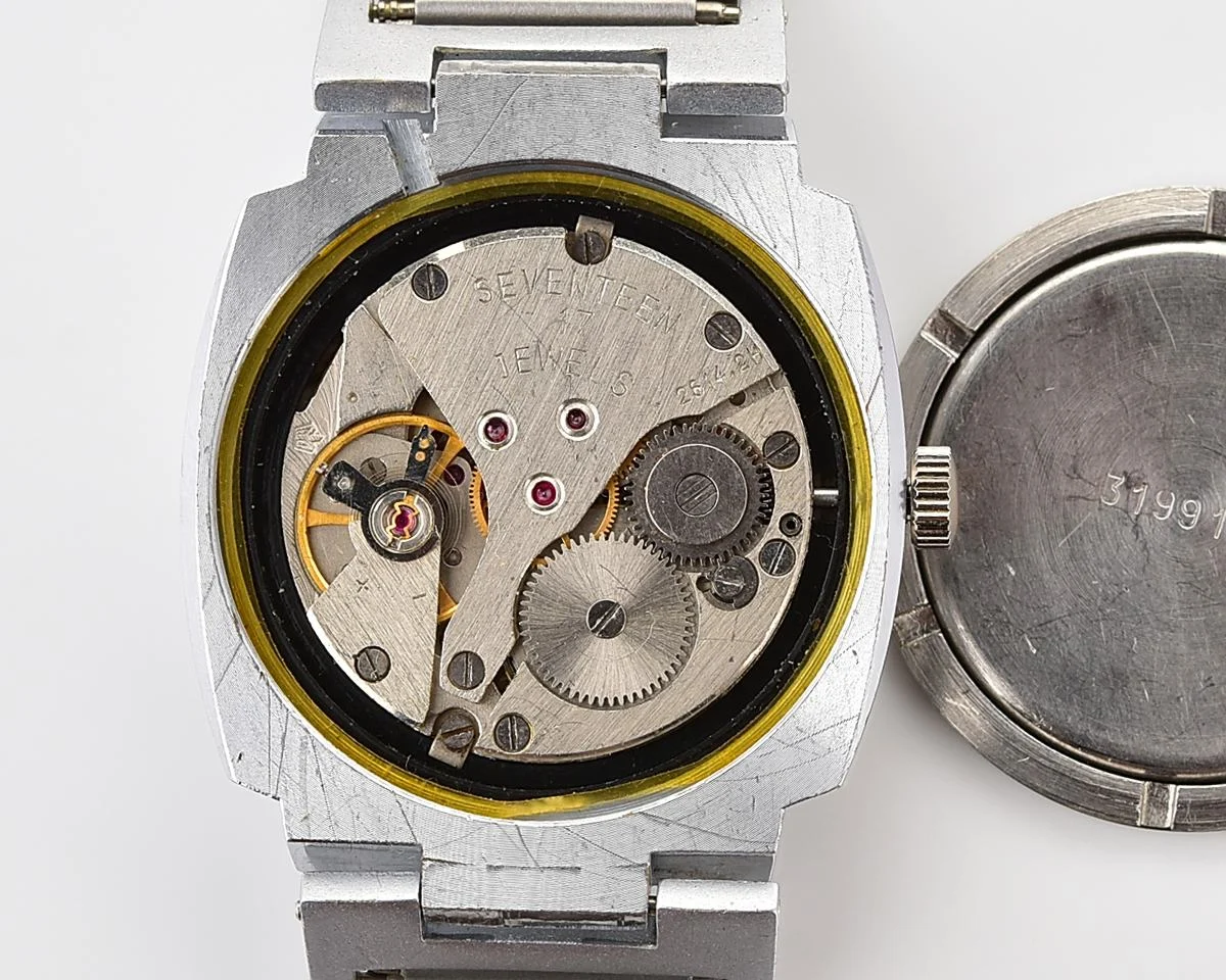 Soviet Poljot mechanical wristwatch with "space-age" retro-minimalistic duo-tone dial from 1970s