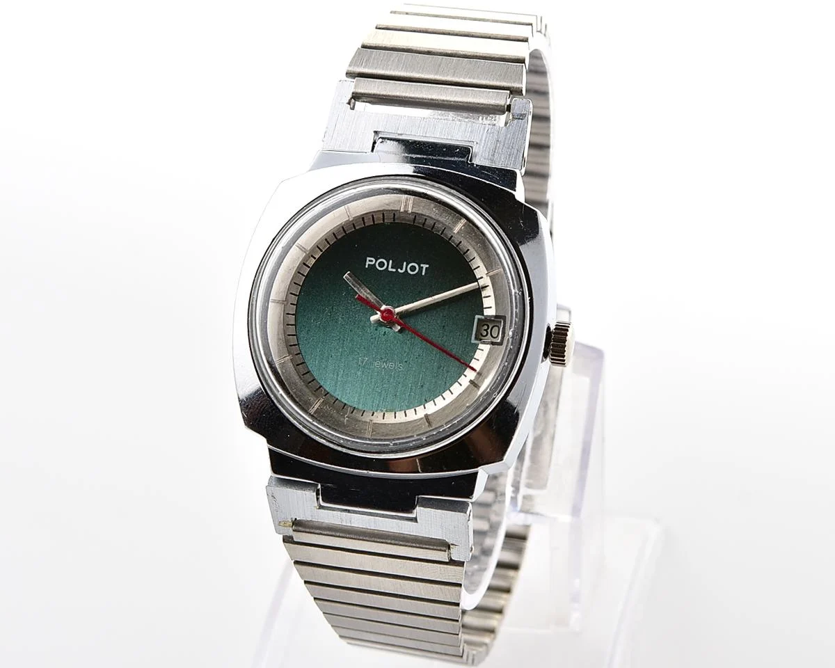 Soviet Poljot mechanical wristwatch with "space-age" retro-minimalistic duo-tone dial from 1970s