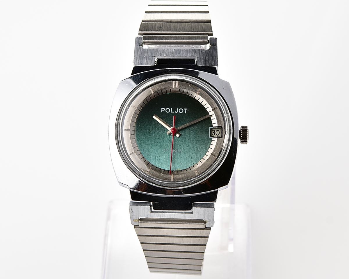 Soviet POLJOT mechanical wristwatch with "space-age" retro-minimalistic duo-tone dial from 1970s