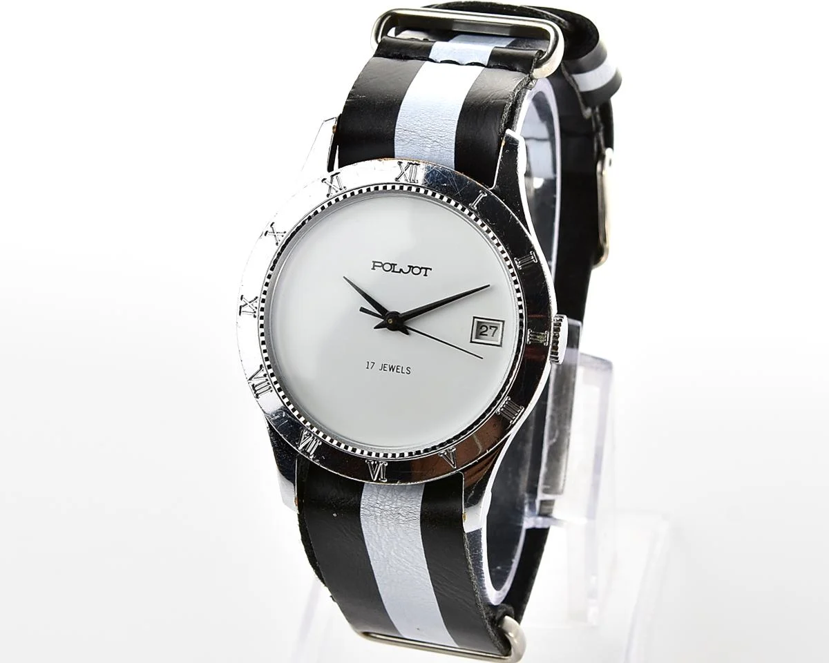 Vintage Soviet Poljot 17 jewels mechanical watch with white dial, date & Roman numeral bezel