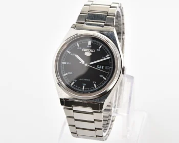 Vintage 1985 Seiko 5 Automatic with Military-Style Black Dial with English/Arabic Day-Date