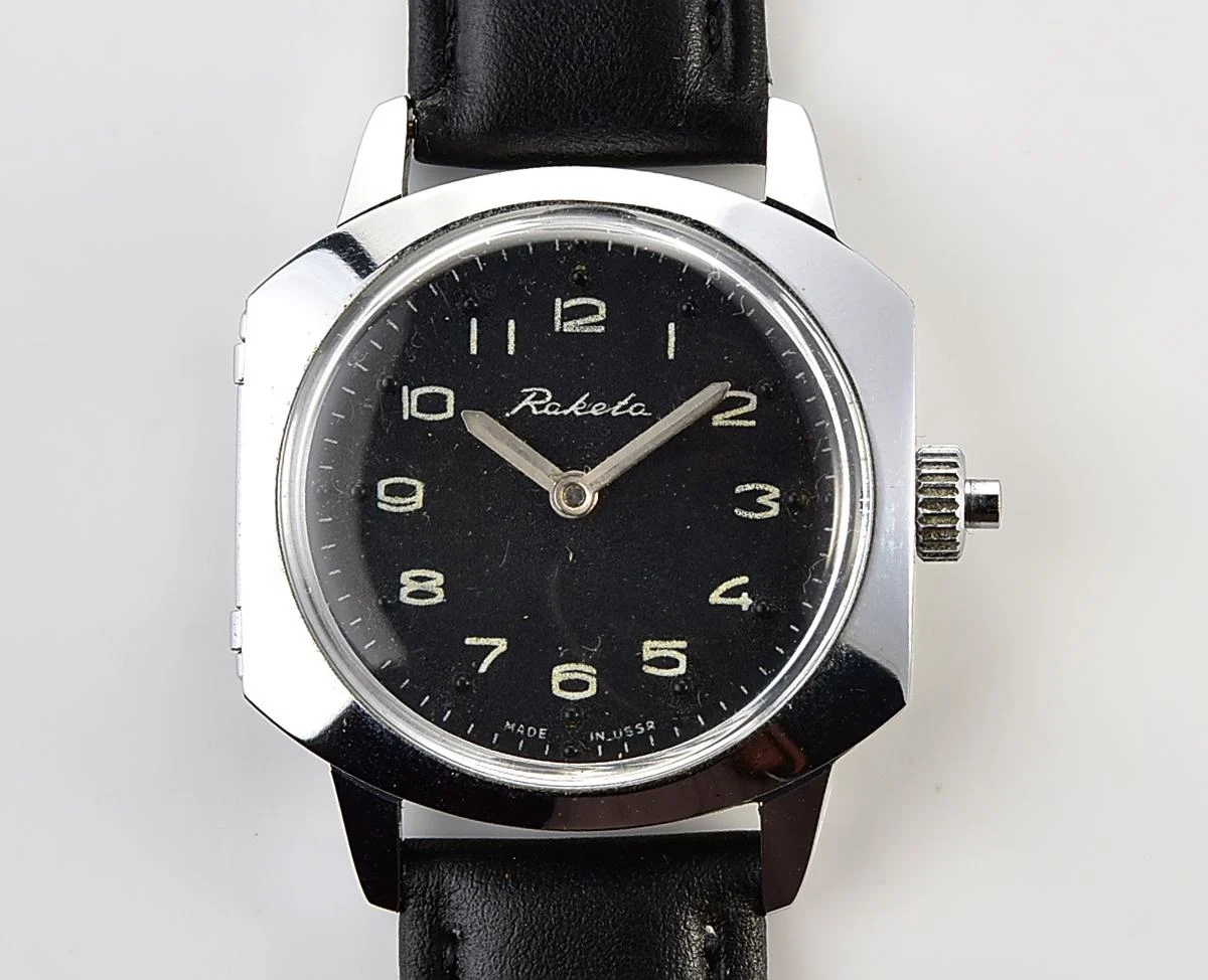 Vintage Soviet Raketa mechanical watch with black Braille dial (for visually impaired)