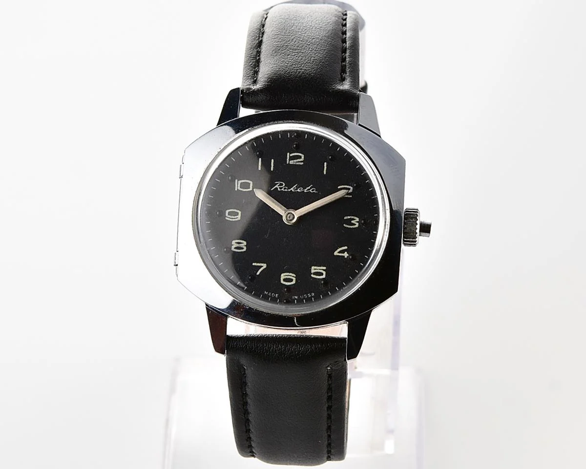 Vintage Soviet Raketa mechanical watch with black Braille dial (for visually impaired)