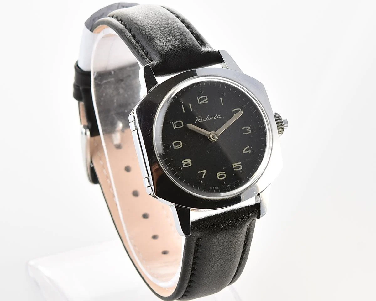 Vintage Soviet Raketa mechanical watch with black Braille dial (for visually impaired)