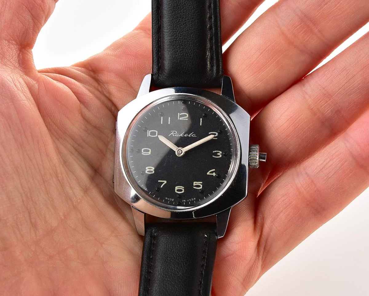 Vintage Soviet Raketa mechanical watch with black Braille dial (for visually impaired)