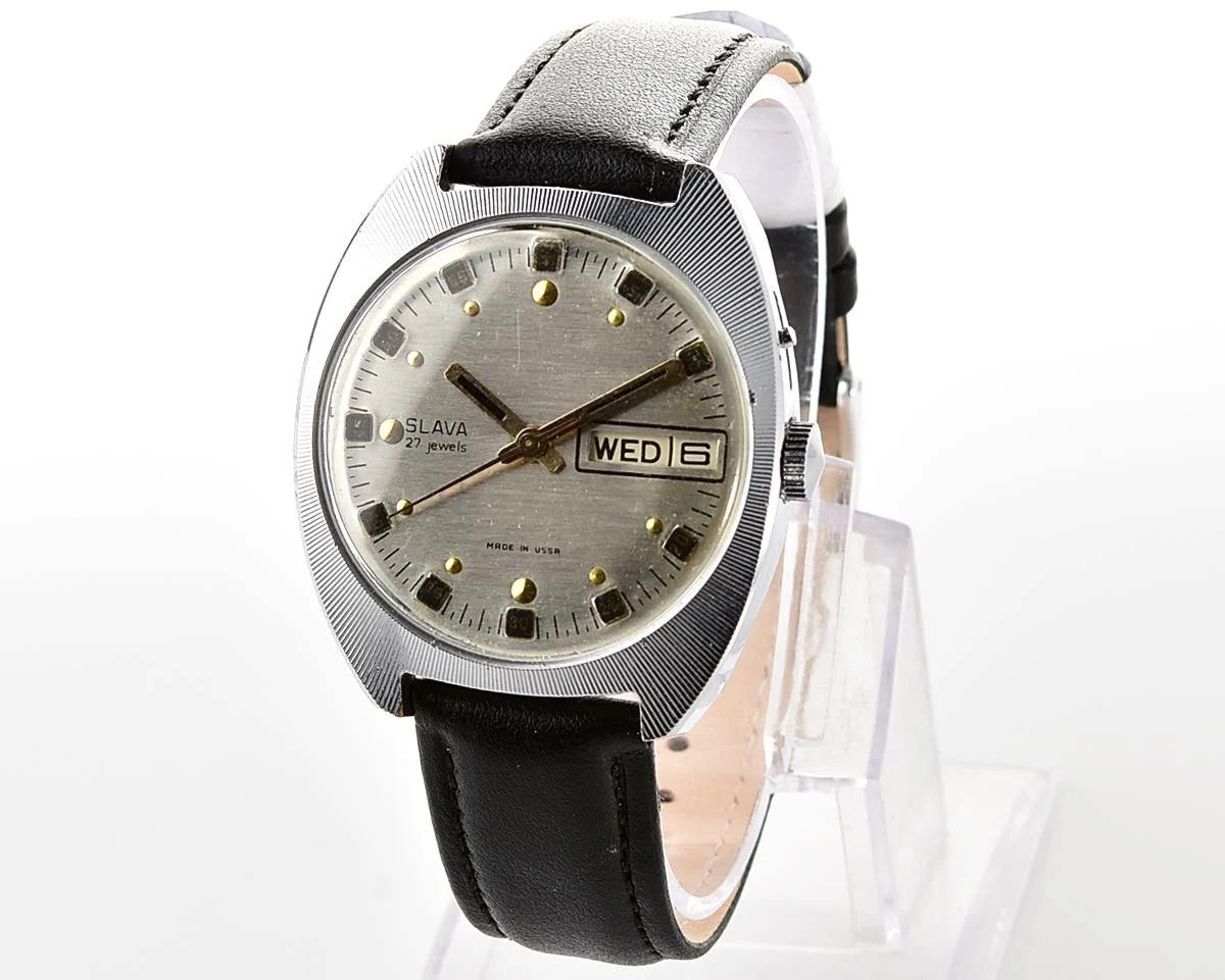 Slava Soviet mechanical vintage watch with automatic self-winding movement