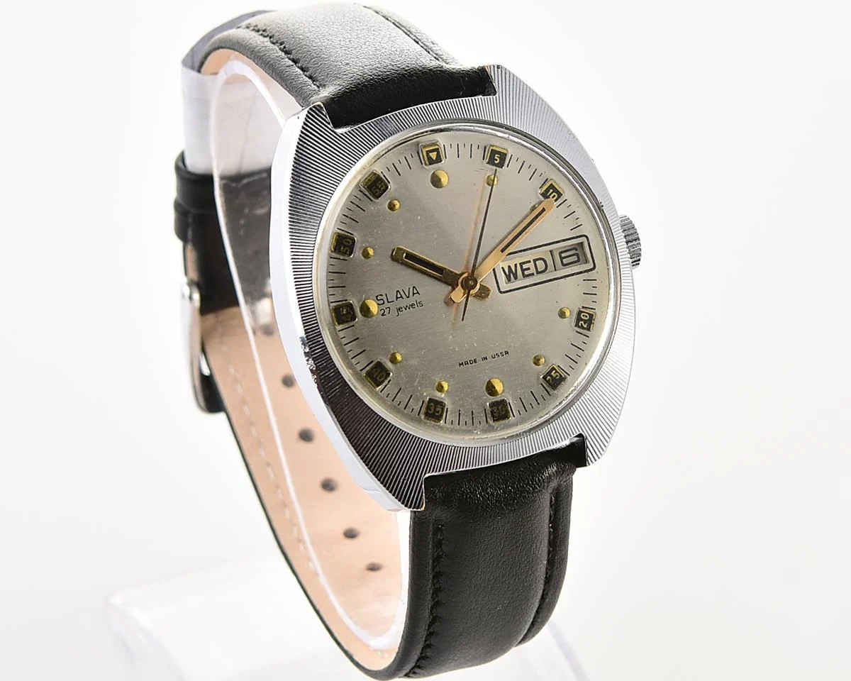 Slava Soviet mechanical vintage watch with automatic self-winding movement