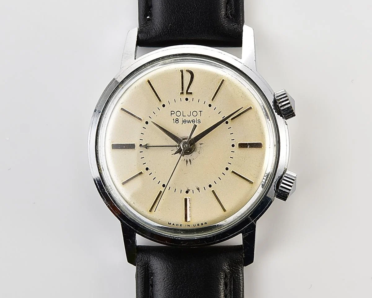 Excellent vintage Soviet mechanical watch Poljot with cream dial & alarm clock function