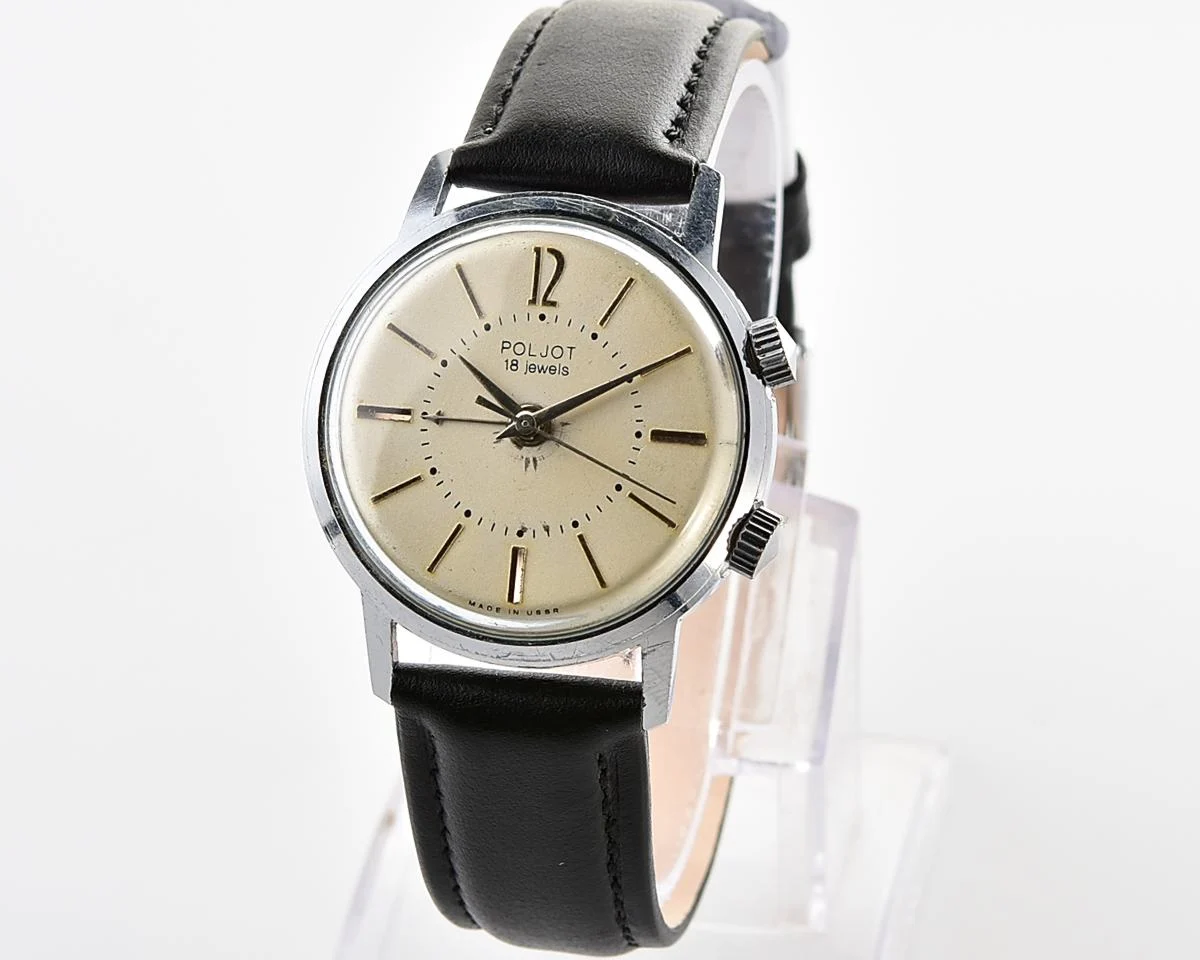 Excellent vintage Soviet mechanical watch Poljot with cream dial & alarm clock function